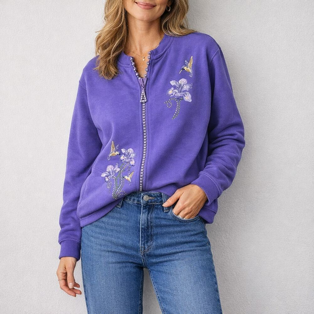 Tia Designs Hummingbird Full-Zip Jacket Women's Size XL Purple Embroidered